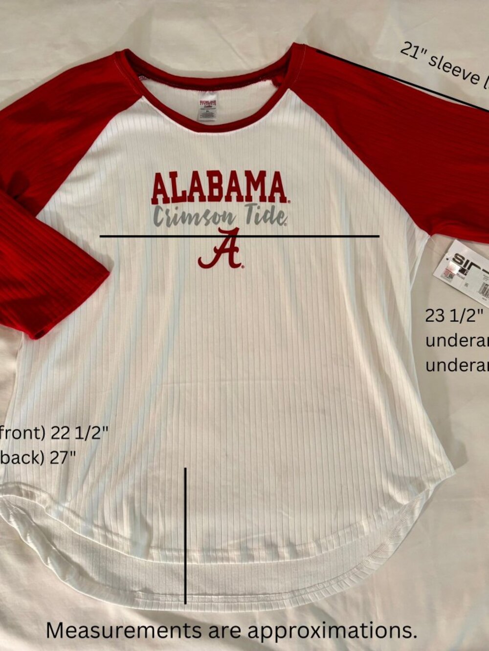 Alabama Crimson Tide Ribbed Knit 3/4 Sleeve Top XL Red White Hi-Low Hem Sideline - Picture 15 of 16